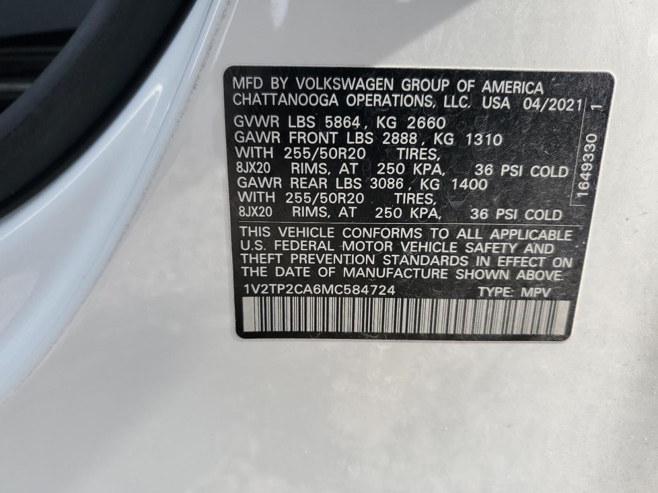 2021 Volkswagen Atlas Sel Premium VIN: 1V2TP2CA6MC584724 Lot: 70644895