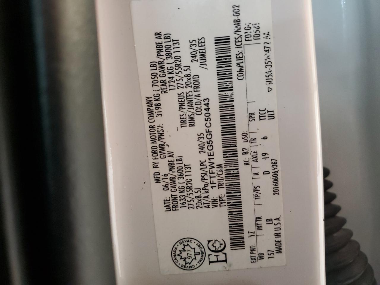 2016 Ford F150 Supercrew VIN: 1FTFW1EG5GFC50443 Lot: 67482565