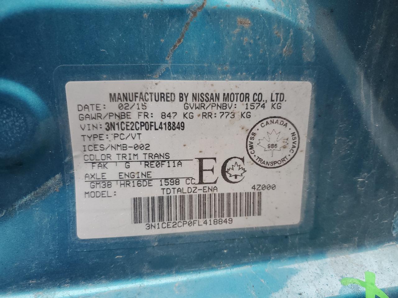 2015 Nissan Versa Note S VIN: 3N1CE2CP0FL418849 Lot: 69443965