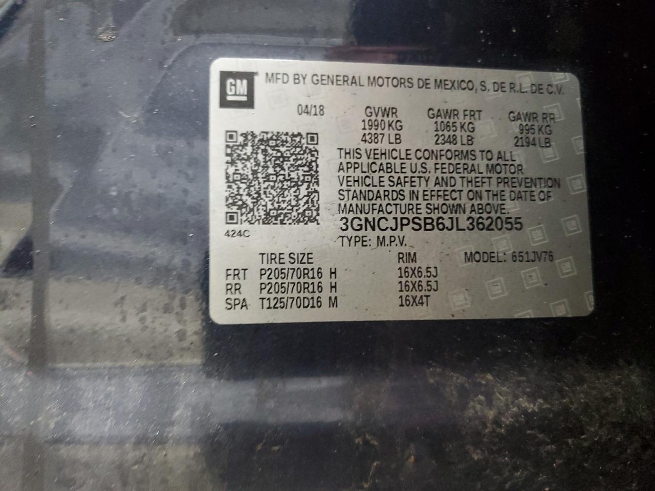 2018 Chevrolet Trax 1Lt VIN: 3GNCJPSB6JL362055 Lot: 67084915