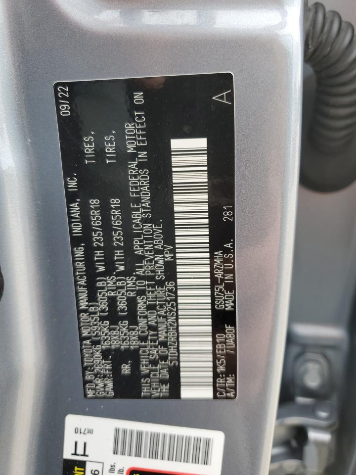 2022 Toyota Highlander Xle VIN: 5TDHZRBH2NS251736 Lot: 70069445