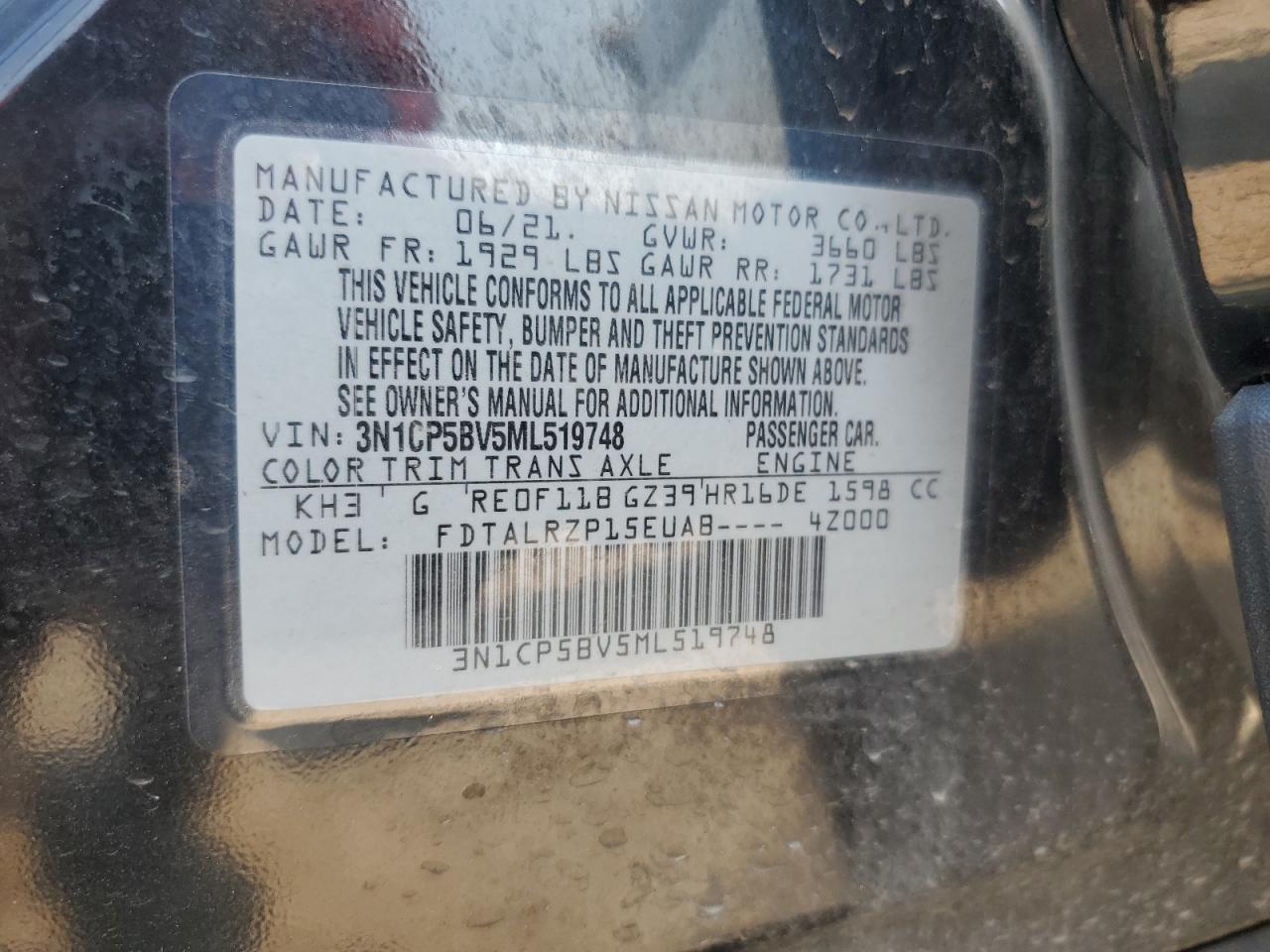 2021 Nissan Kicks S VIN: 3N1CP5BV5ML519748 Lot: 66493895