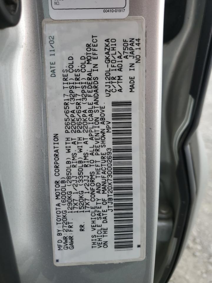 2003 Lexus Gx 470 VIN: JTJBT20X730002693 Lot: 70884525