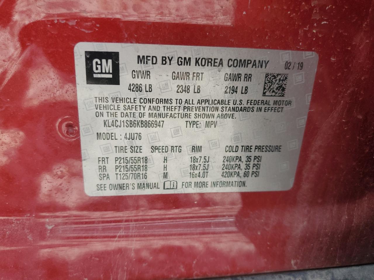 2019 Buick Encore Sport Touring VIN: KL4CJ1SB6KB866947 Lot: 67536855