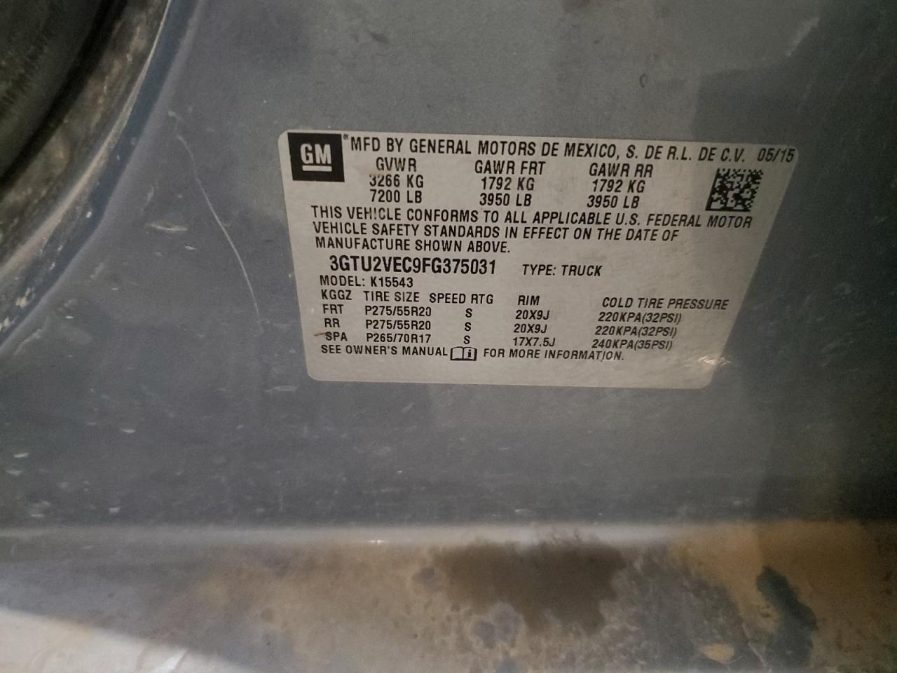 2015 GMC Sierra K1500 Slt VIN: 3GTU2VEC9FG375031 Lot: 70147295