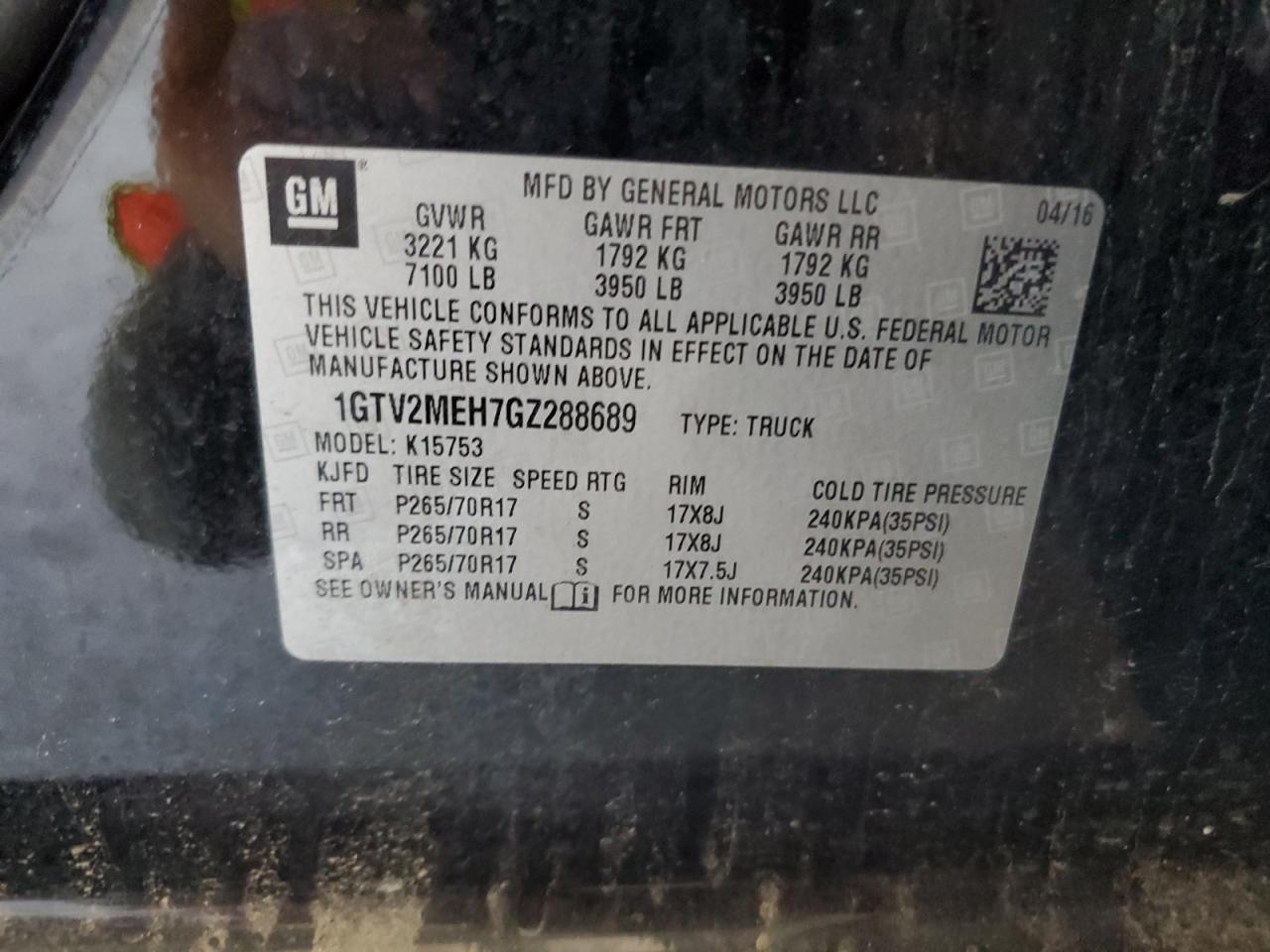 2016 GMC Sierra K1500 Sle VIN: 1GTV2MEH7GZ288689 Lot: 69745435