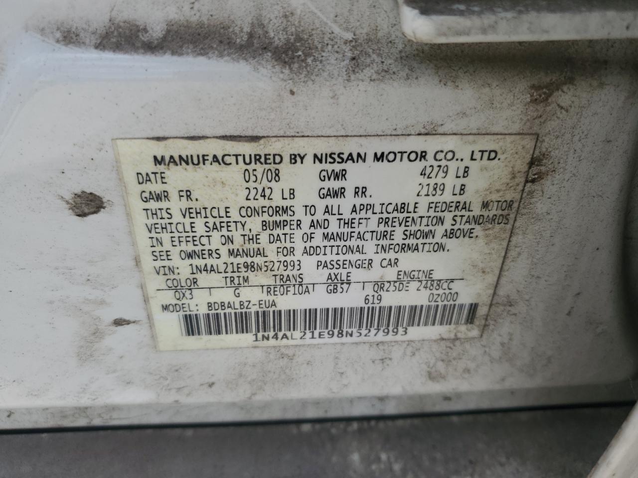 2008 Nissan Altima 2.5 VIN: 1N4AL21E98N527993 Lot: 91428275