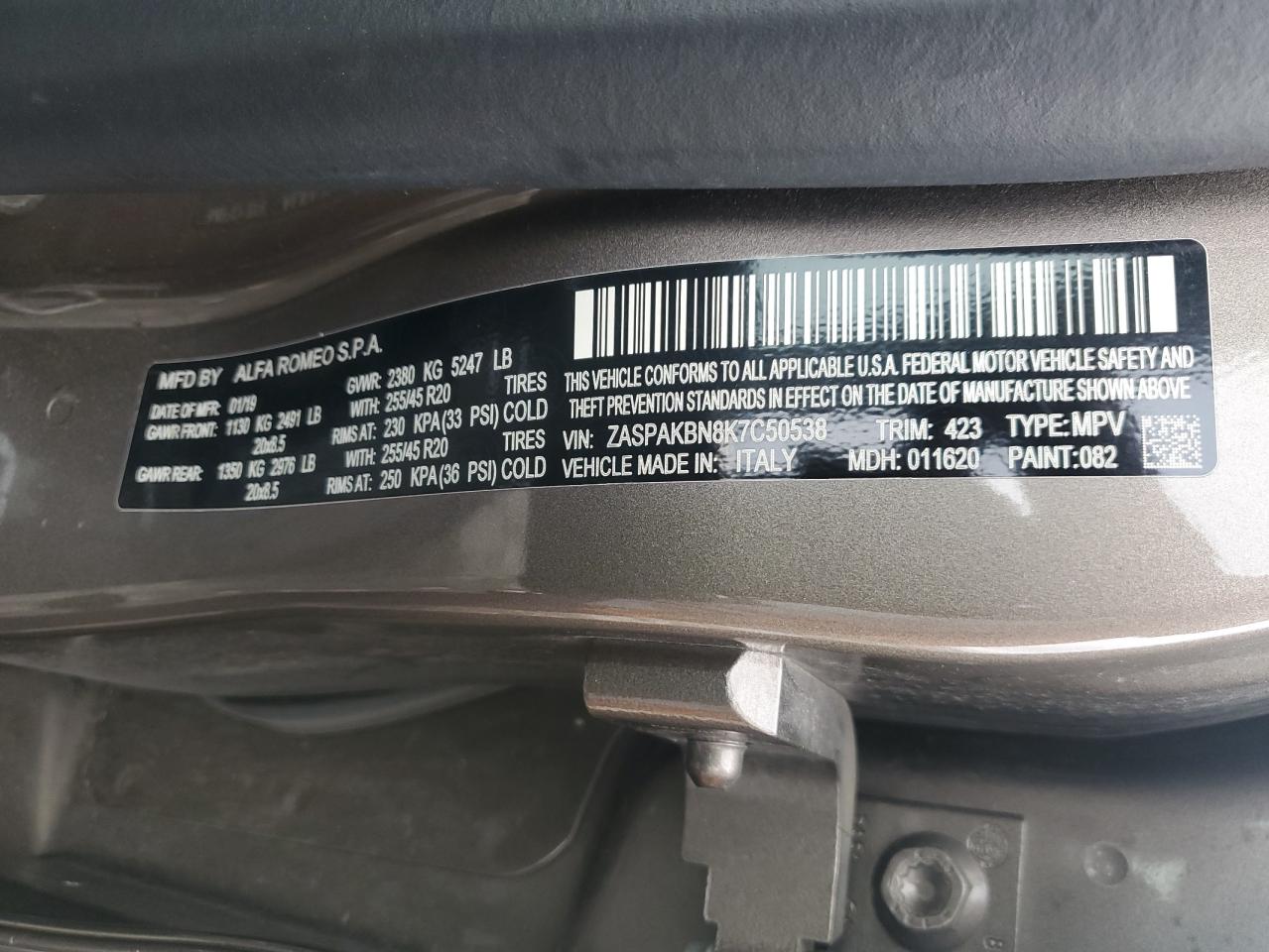 2019 Alfa Romeo Stelvio Ti VIN: ZASPAKBN8K7C50538 Lot: 68735605