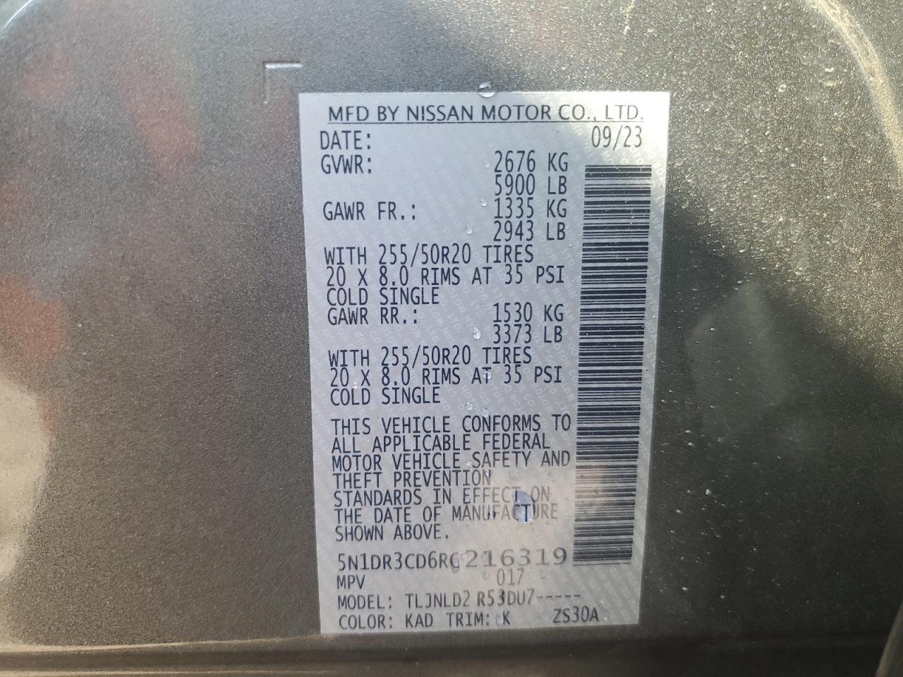 2024 Nissan Pathfinder Sl VIN: 5N1DR3CD6RC216319 Lot: 68434015