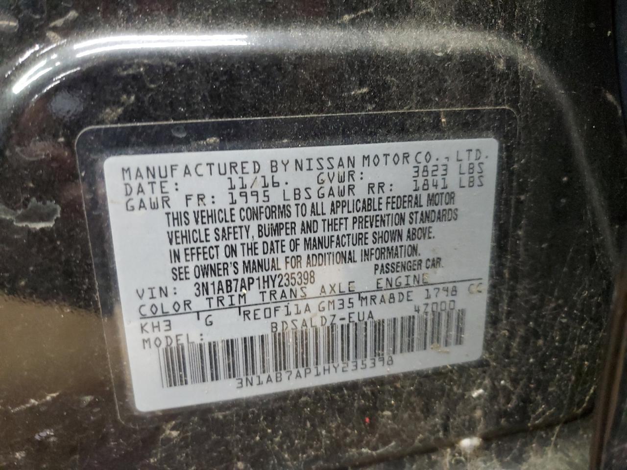 2017 Nissan Sentra S VIN: 3N1AB7AP1HY235398 Lot: 69547505