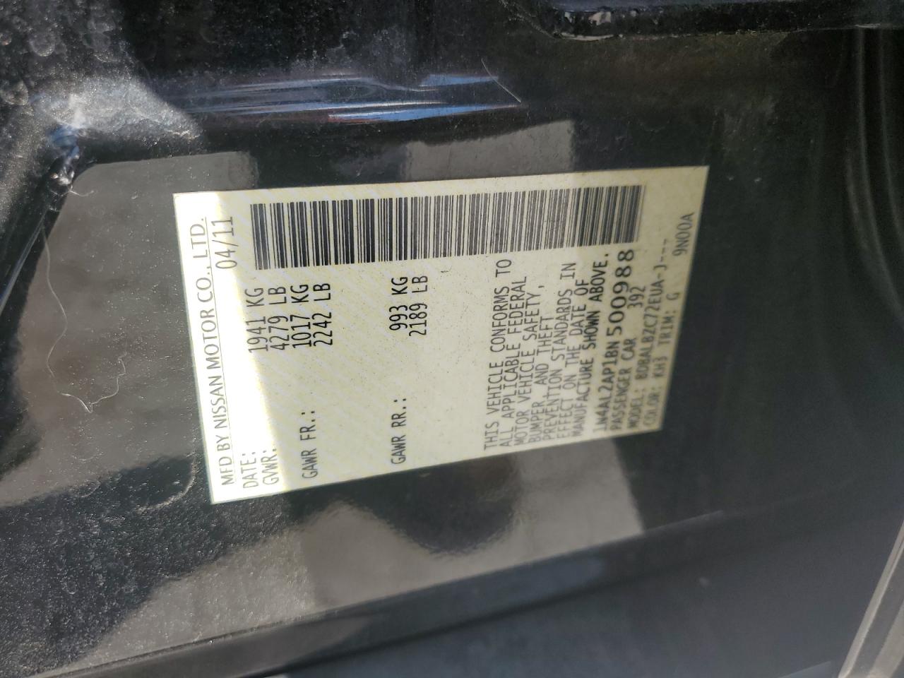 2011 Nissan Altima Base VIN: 1N4AL2AP1BN500988 Lot: 69466475