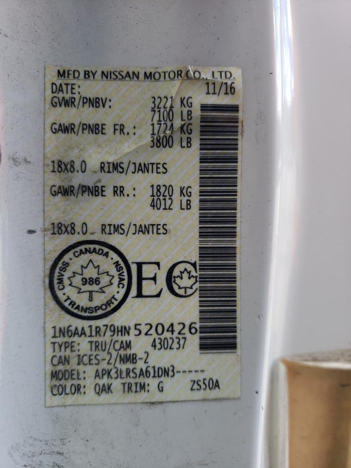 2017 Nissan Titan S VIN: 1N6AA1R79HN520426 Lot: 70454485