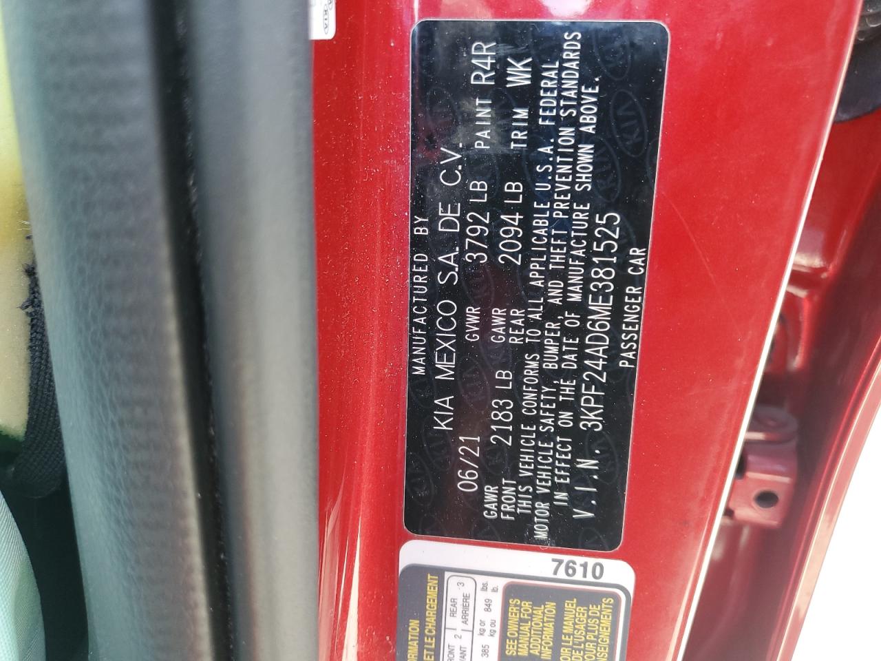 2021 Kia Forte Fe VIN: 3KPF24AD6ME381525 Lot: 69679985