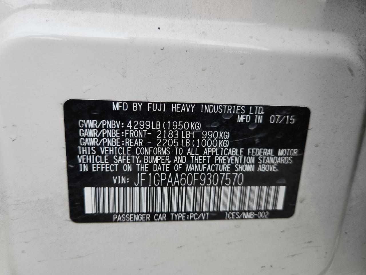 2015 Subaru Impreza VIN: JF1GPAA60F9307570 Lot: 70189265