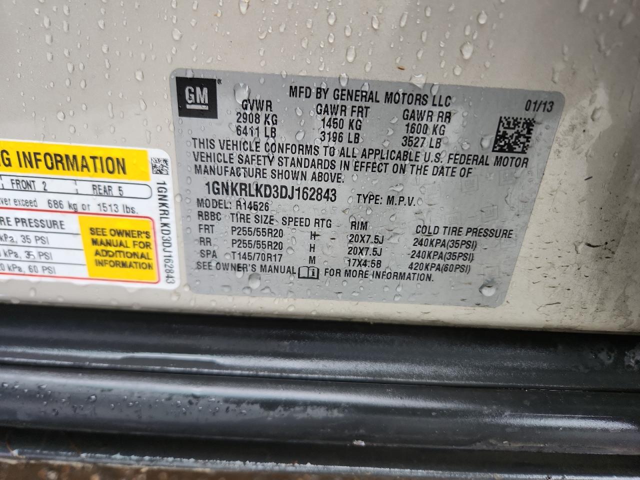 2013 Chevrolet Traverse Ltz VIN: 1GNKRLKD3DJ16284G Lot: 70503595