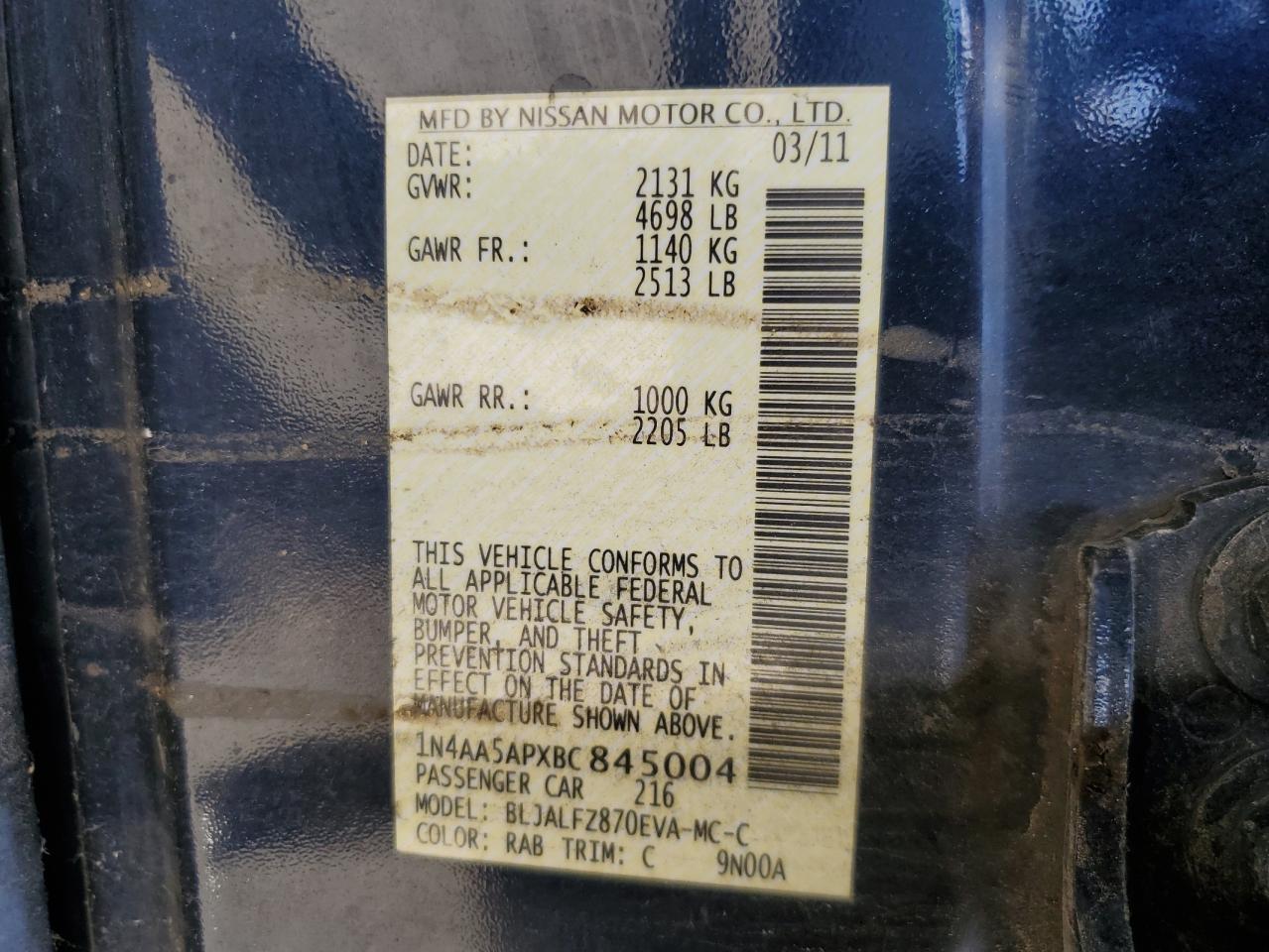 2011 Nissan Maxima S VIN: 1N4AA5APXBC845004 Lot: 69757225