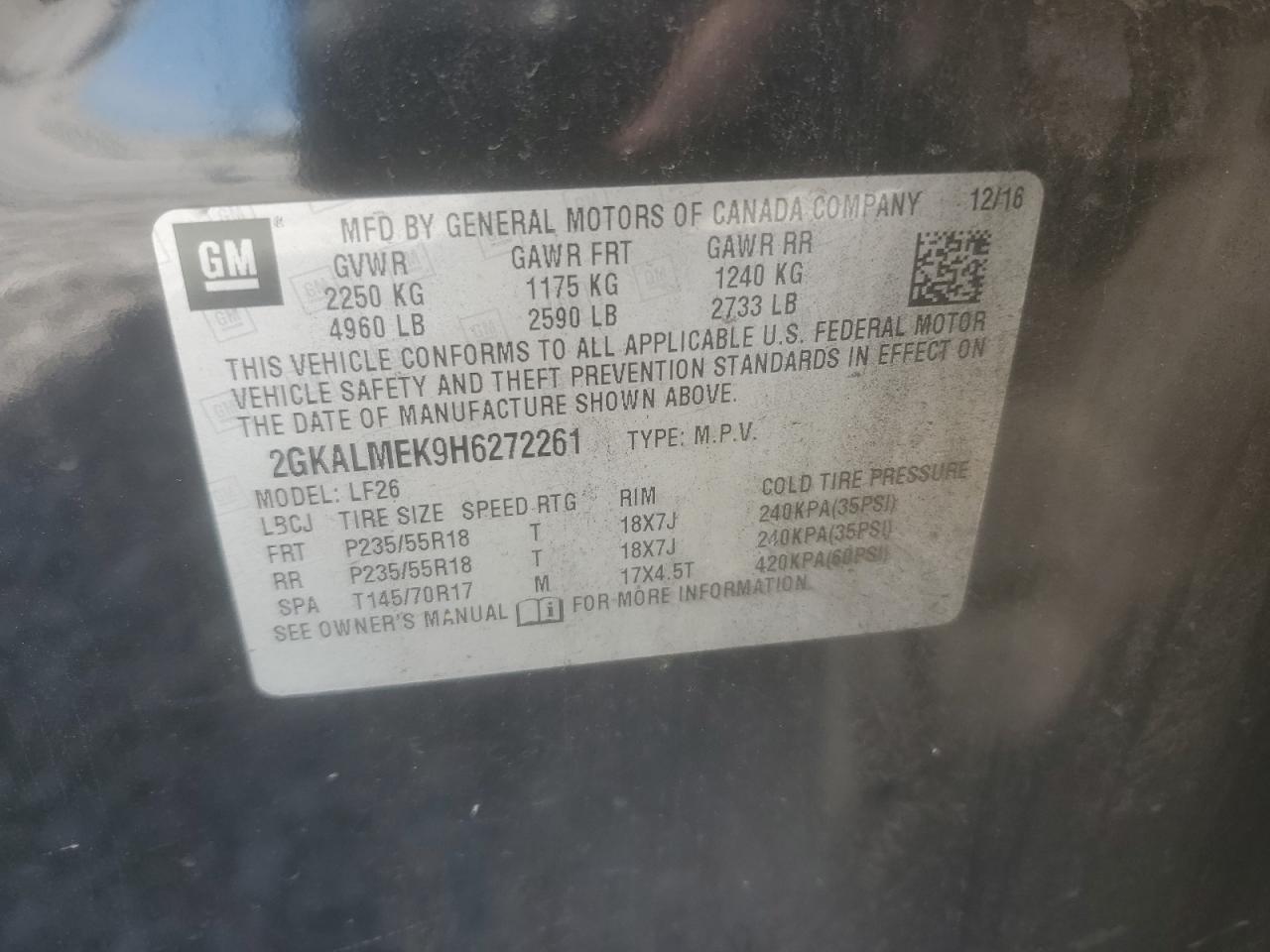 2GKALMEK9H6272261 2017 GMC Terrain Sle