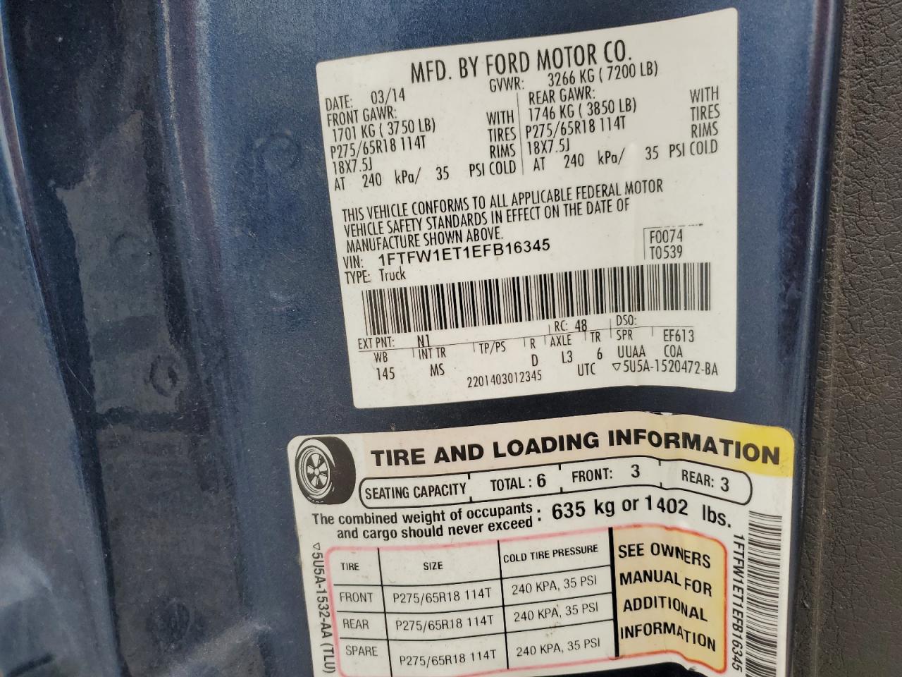 2014 Ford F150 Supercrew VIN: 1FTFW1ET1EFB16345 Lot: 67163205