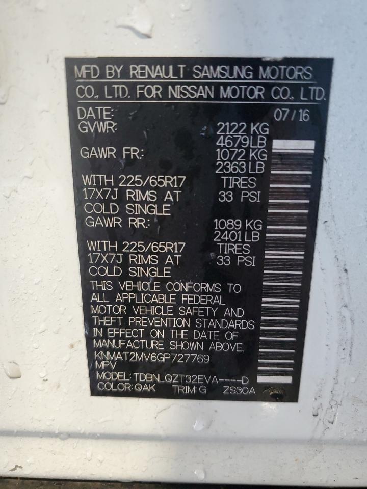 2016 Nissan Rogue S VIN: KNMAT2MV6GP727769 Lot: 68338535