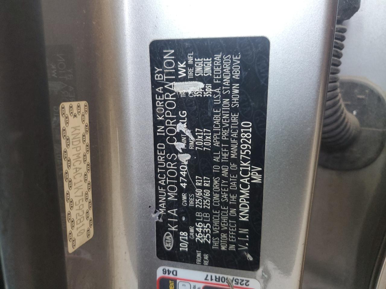 2019 Kia Sportage Lx VIN: KNDPMCAC1K7592810 Lot: 70136885