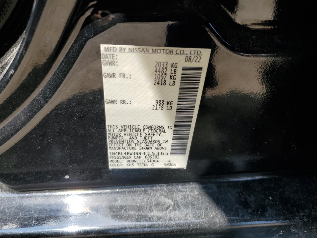 2022 Nissan Altima Sl VIN: 1N4BL4EW3NN415365 Lot: 69842295