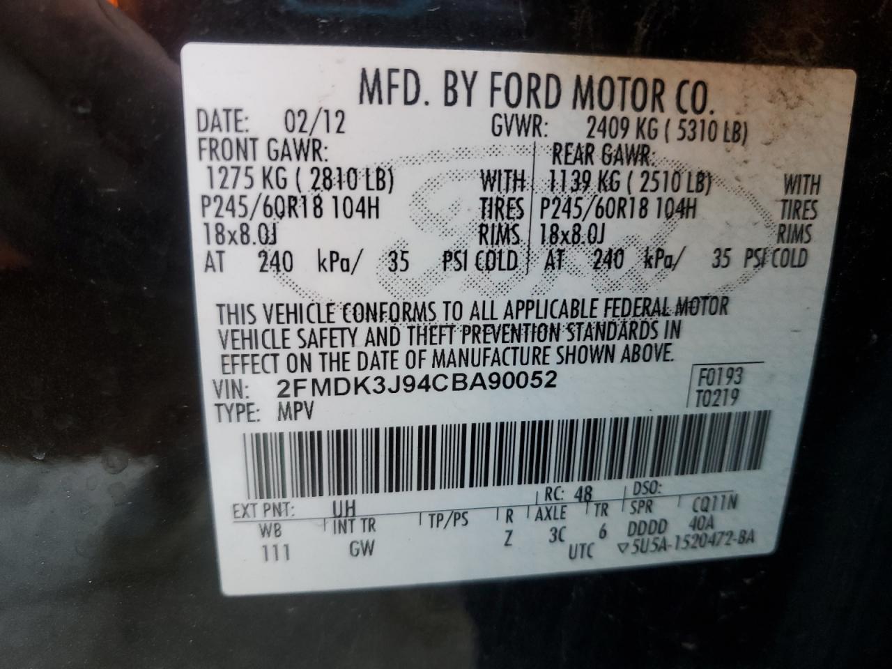 2014 Ford Edge Sel VIN: 2FMDK3J94CBA90052 Lot: 69574135