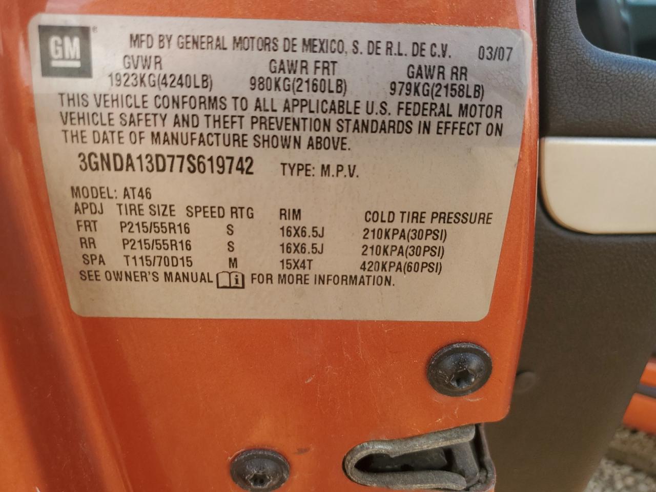 2007 Chevrolet Hhr Ls VIN: 3GNDA13D77S619742 Lot: 68586515