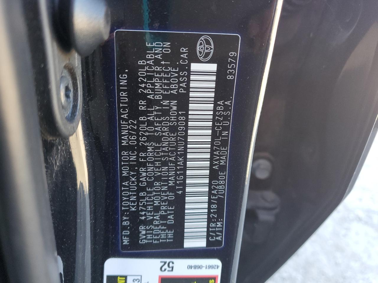 2022 Toyota Camry Se VIN: 4T1G11AK1NU709081 Lot: 69969285