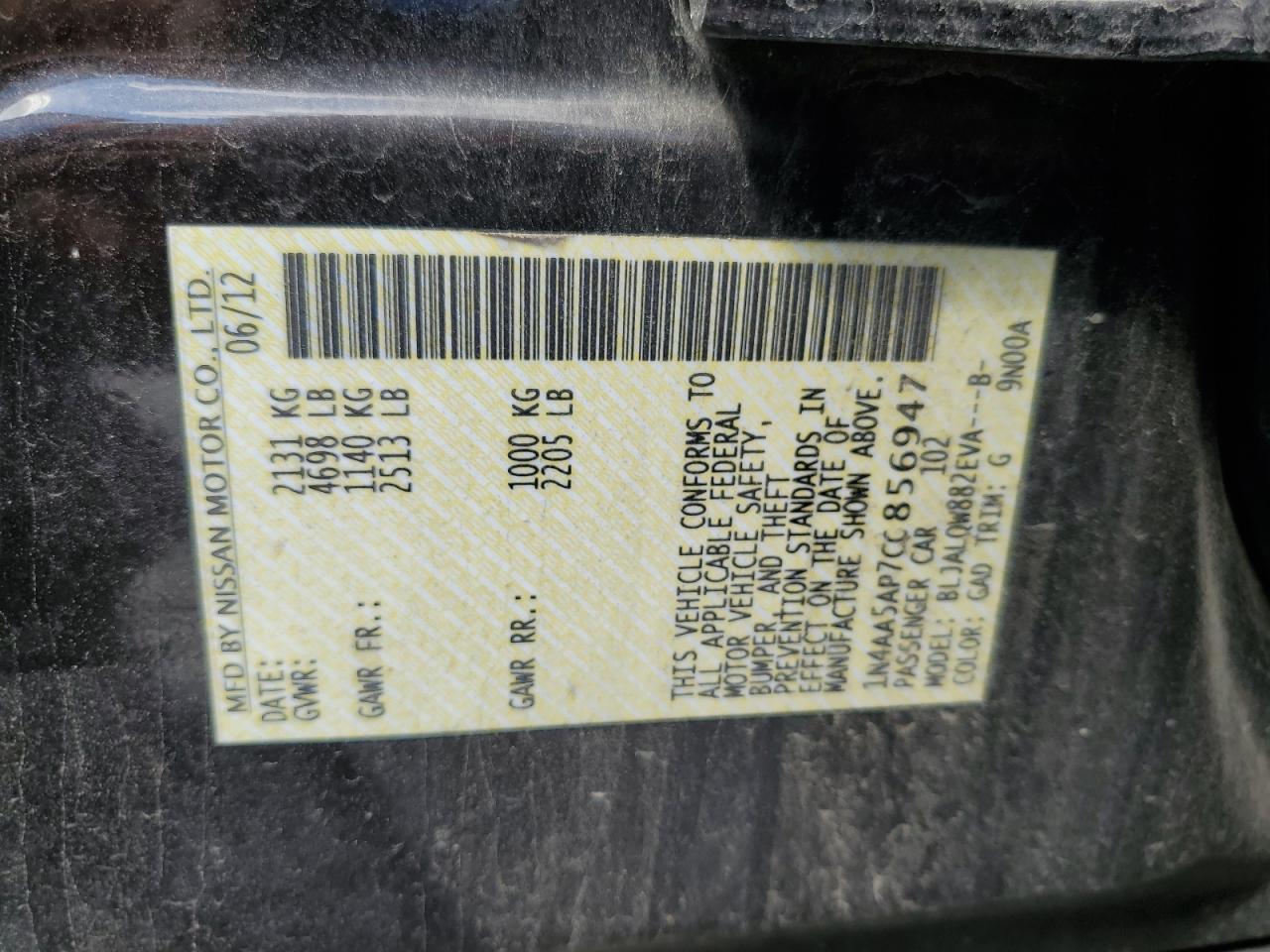 2012 Nissan Maxima S VIN: 1N4AA5AP7CC856947 Lot: 70804655