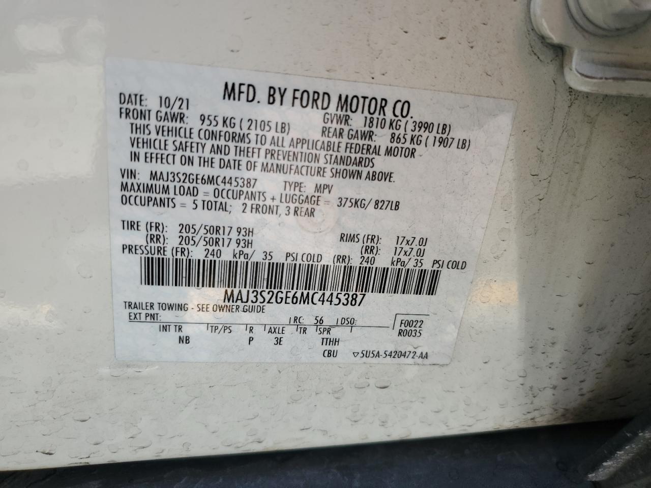 2021 Ford Ecosport Se VIN: MAJ3S2GE6MC445387 Lot: 70868845