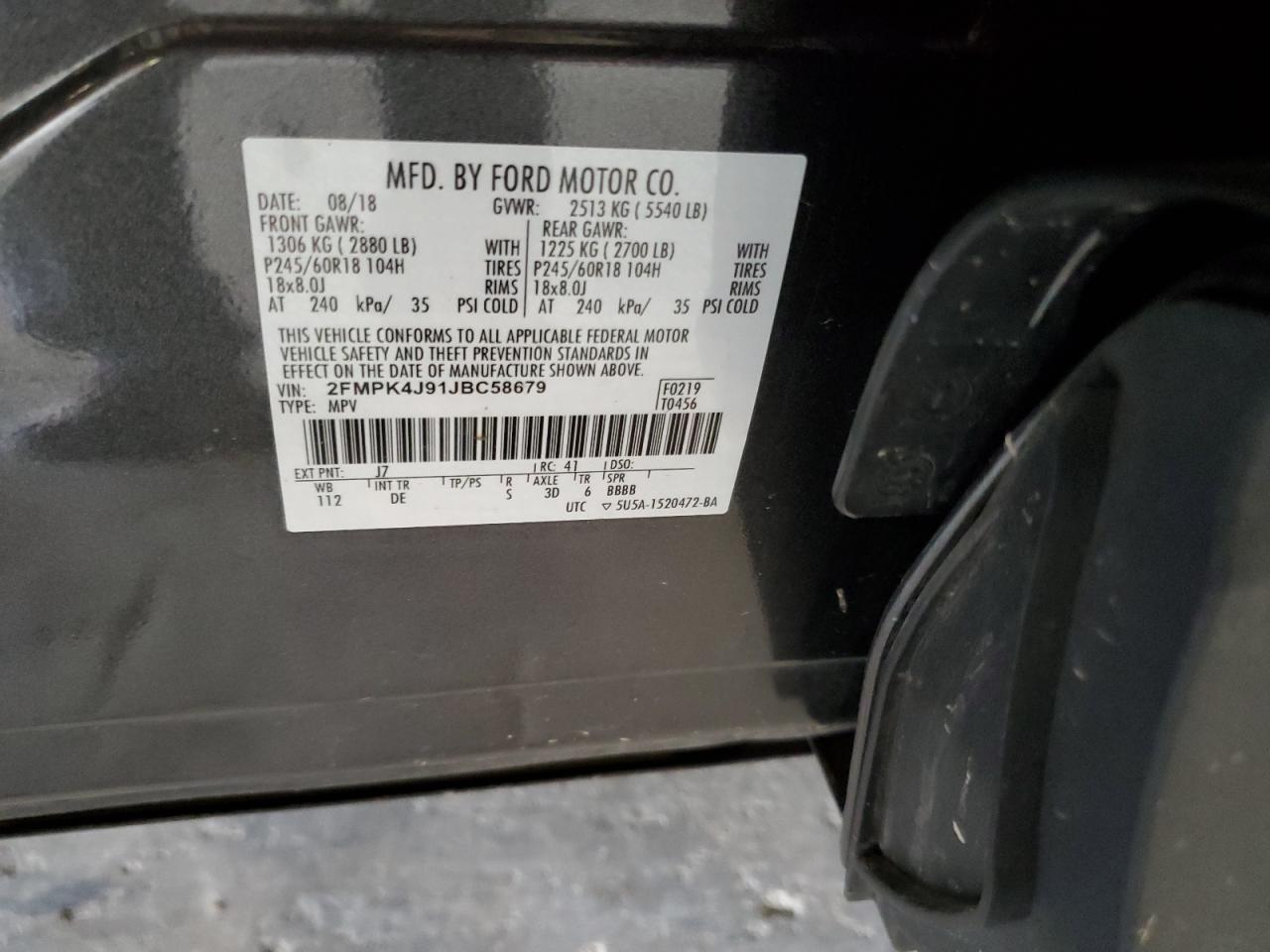 2018 Ford Edge Sel VIN: 2FMPK4J91JBC58679 Lot: 68415725