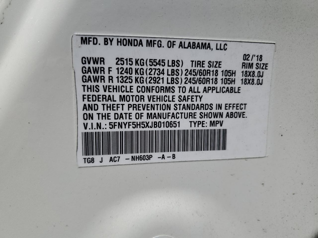 2018 Honda Pilot Exl VIN: 5FNYF5H5XJB010651 Lot: 69341715