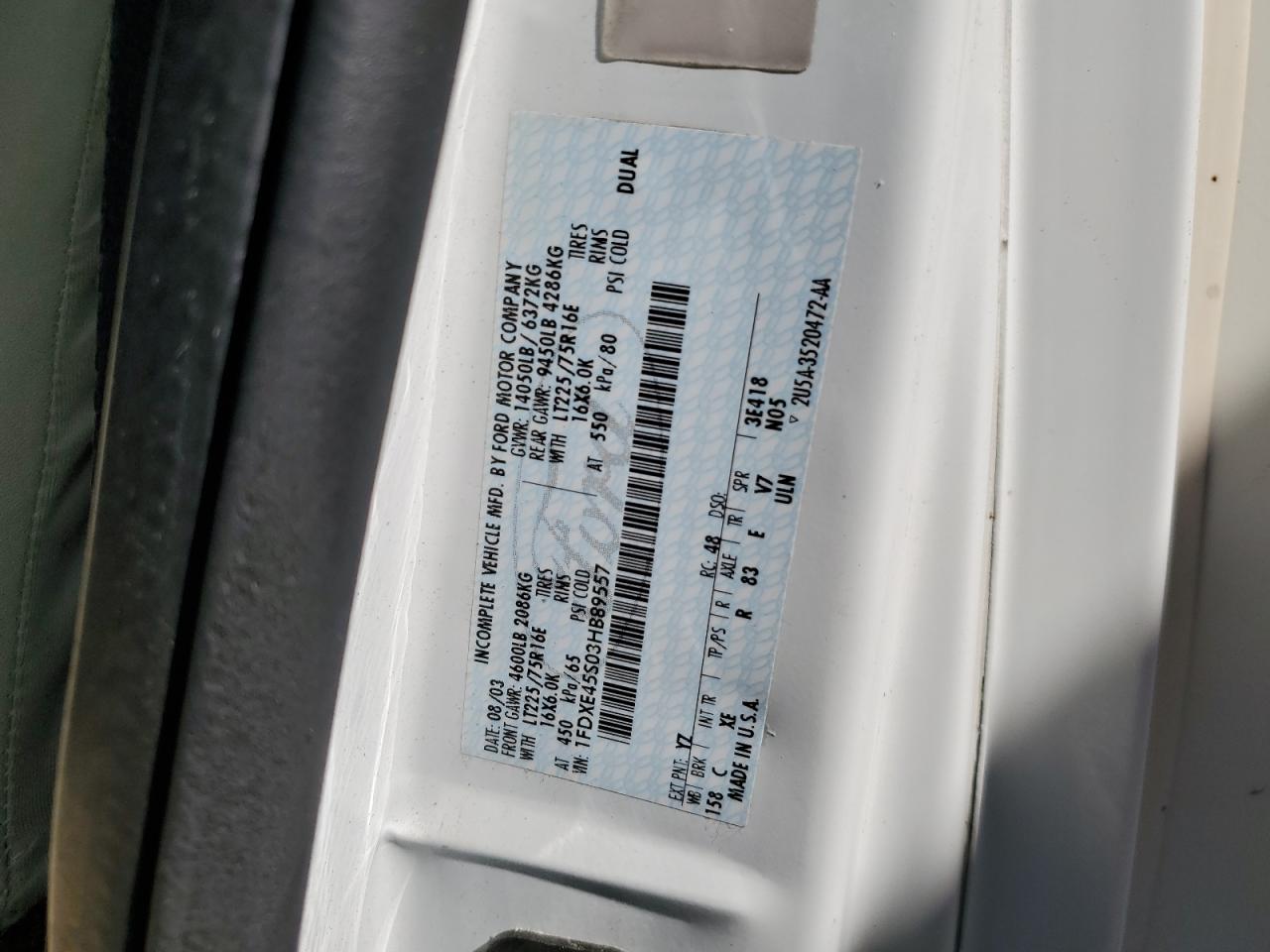 2004 Ford Econoline E450 Super Duty Cutaway Van VIN: 1FDXE45S03HB89557 Lot: 68504655