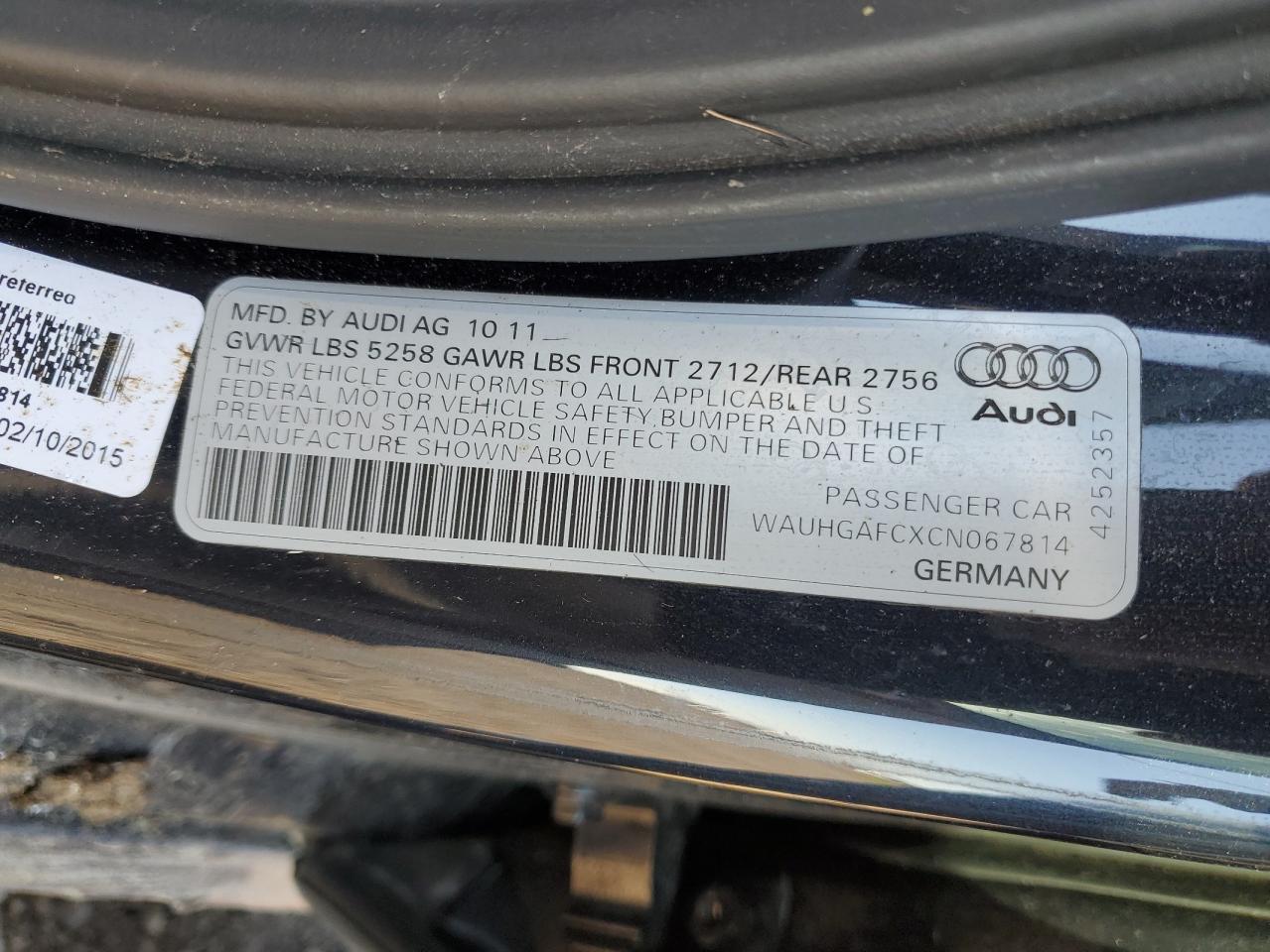 2012 Audi A6 Prestige VIN: WAUHGAFCXCN067814 Lot: 69371345