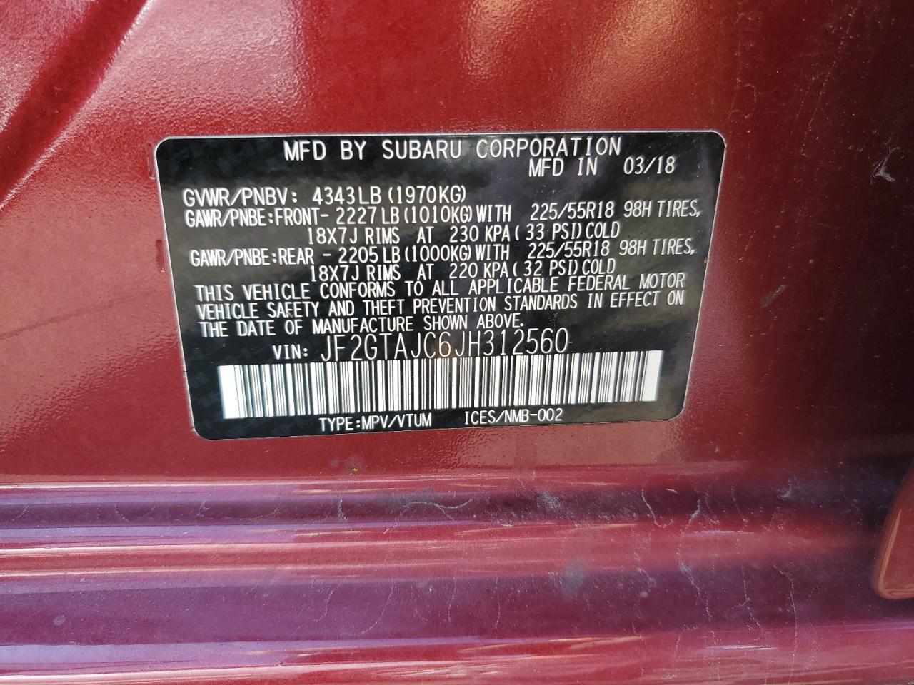 2018 Subaru Crosstrek Limited VIN: JF2GTAJC6JH312560 Lot: 69904375