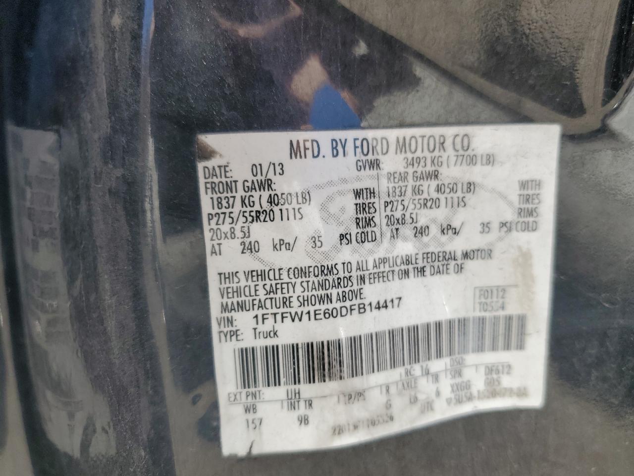 2013 Ford F150 Supercrew VIN: 1FTFW1E60DFB14417 Lot: 69440735