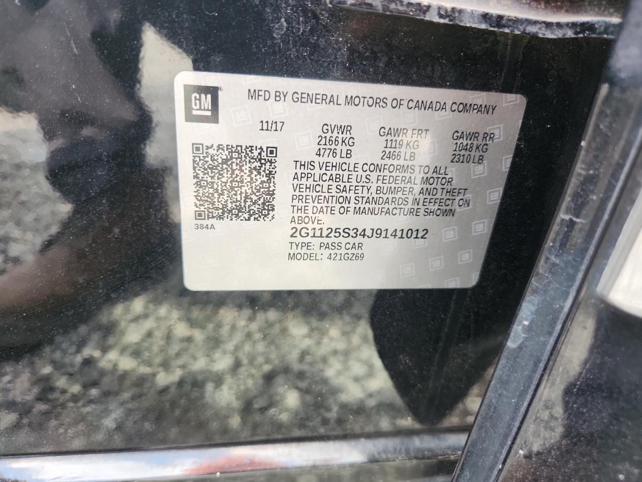 2018 Chevrolet Impala Premier VIN: 2G1125S34J9141012 Lot: 69696685