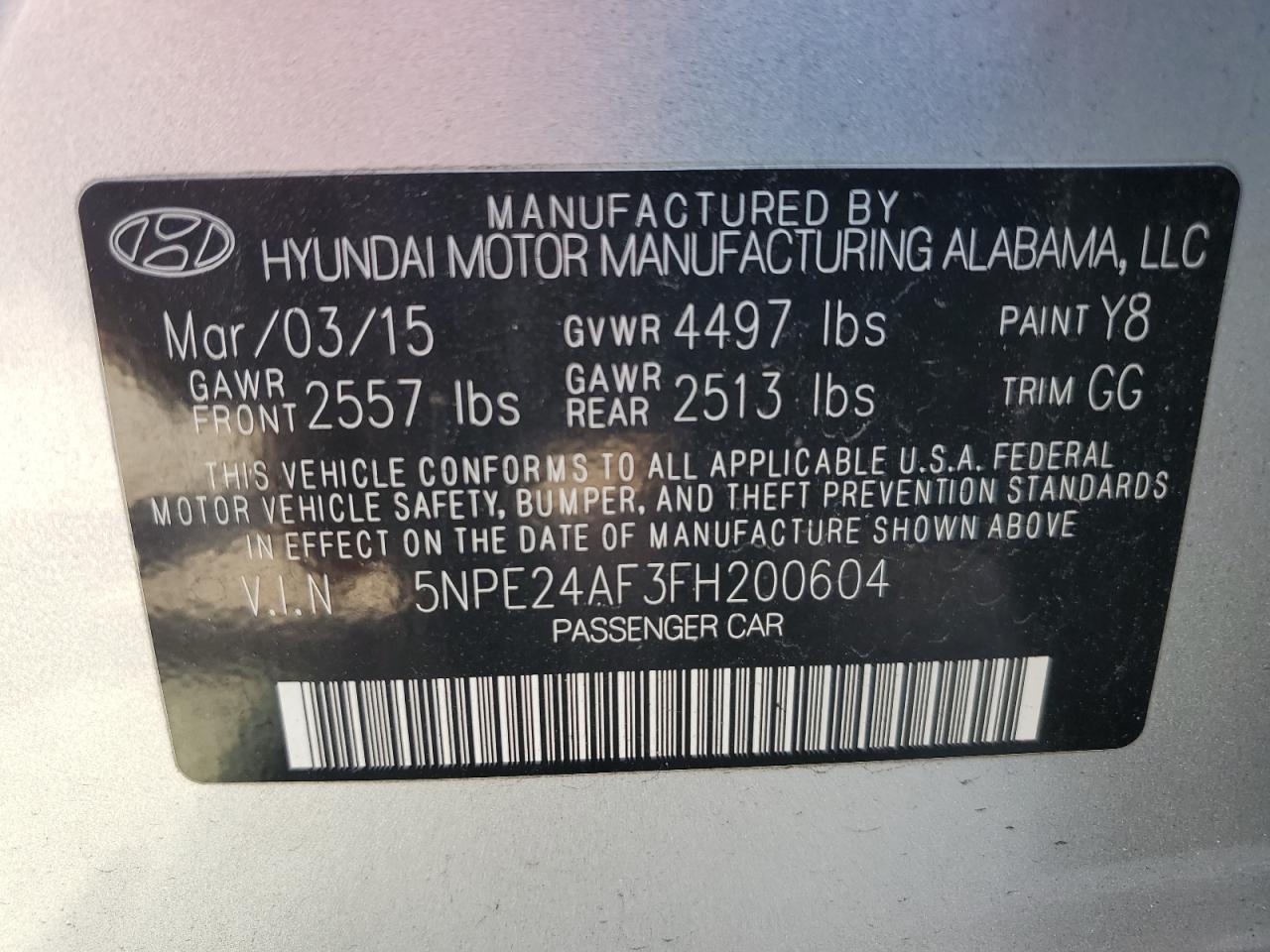 2015 Hyundai Sonata Se VIN: 5NPE24AF3FH200604 Lot: 69902535