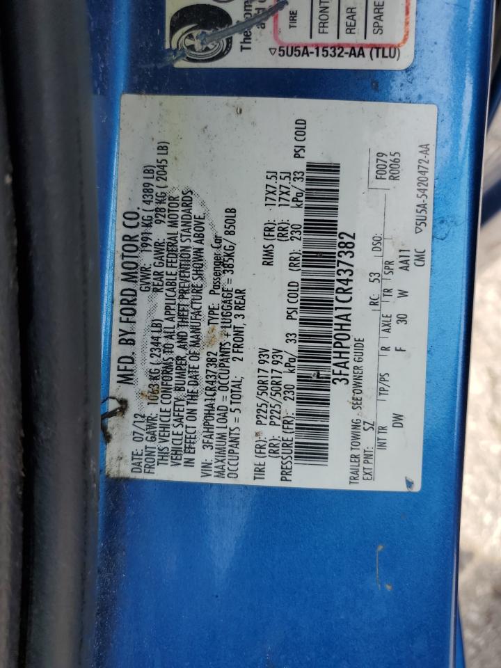 2012 Ford Fusion Se VIN: 3FAHP0HA1CR437382 Lot: 70678735