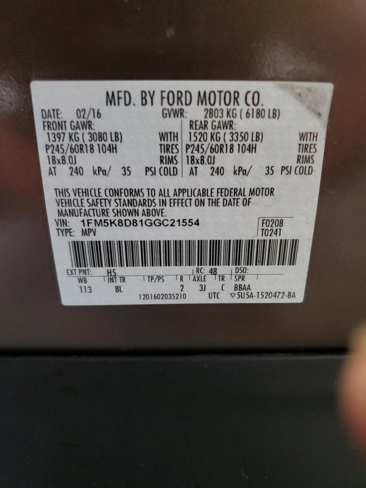 2016 Ford Explorer Xlt VIN: 1FM5K8D81GGC21554 Lot: 66521025