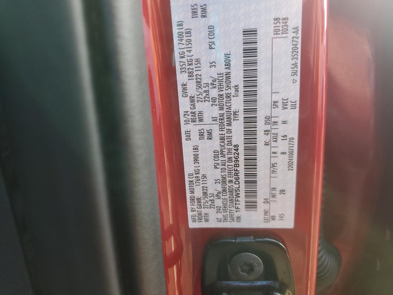 2024 Ford F150 Lariat VIN: 1FTFW5LD6RFB96248 Lot: 69278555