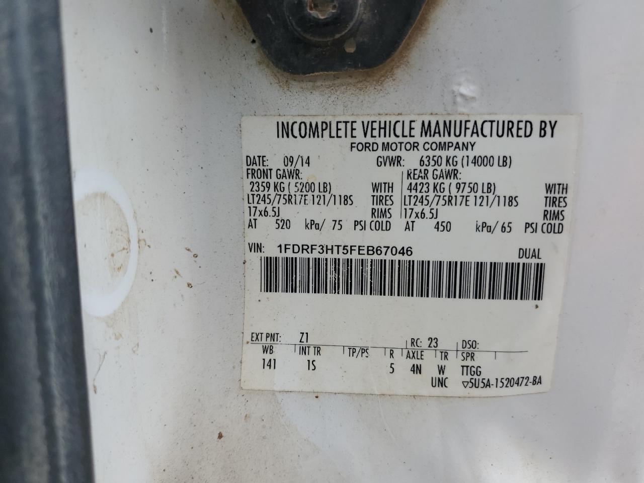 2015 Ford F350 Super Duty VIN: 1FDRF3HT5FEB67046 Lot: 68201905