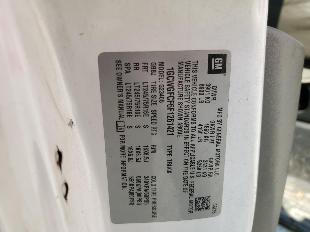 2015 Chevrolet Express G2500 VIN: 1GCWGFCF6F1261421 Lot: 69771265