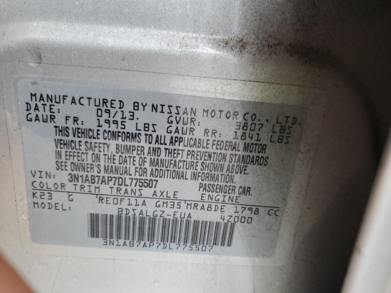 2013 Nissan Sentra S VIN: 3N1AB7AP7DL775507 Lot: 70326835