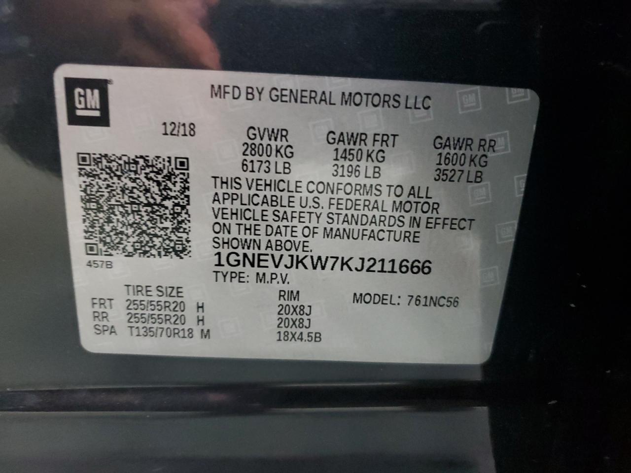 2019 Chevrolet Traverse High Country VIN: 1GNEVJKW7KJ211666 Lot: 81346455