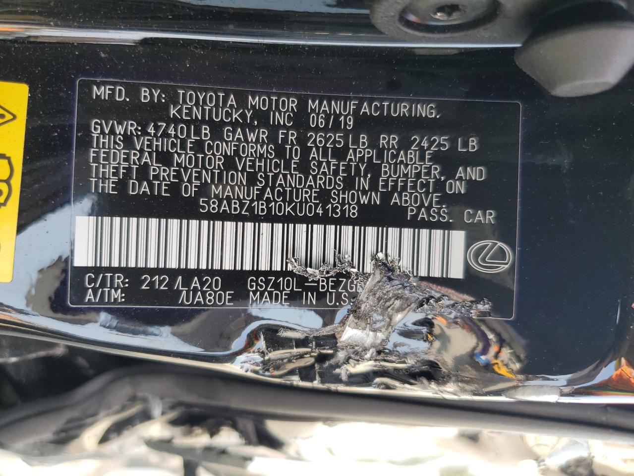 2019 Lexus Es 350 VIN: 58ABZ1B10KU041318 Lot: 67350745