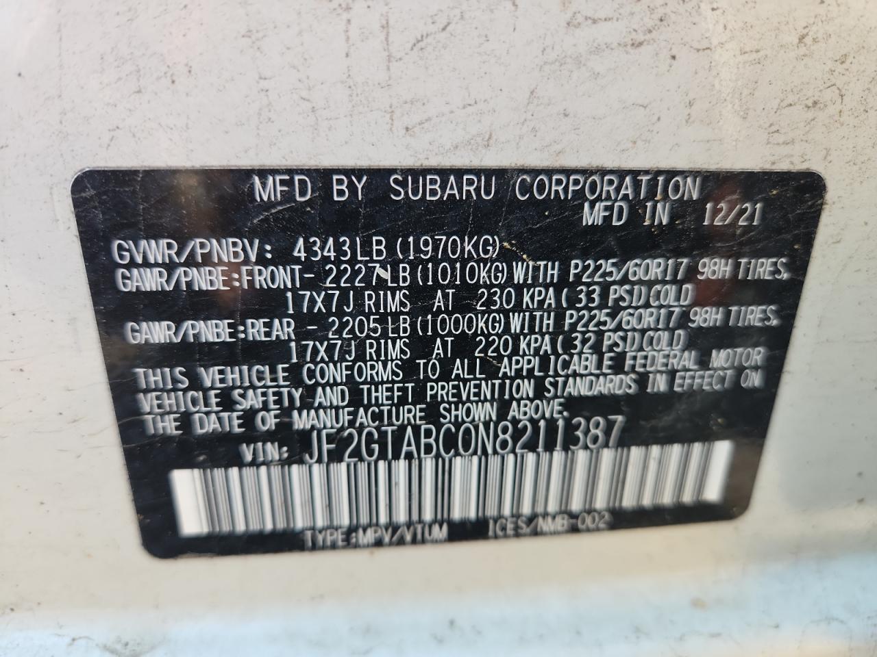 2022 Subaru Crosstrek VIN: JF2GTABC0N8211387 Lot: 67206195