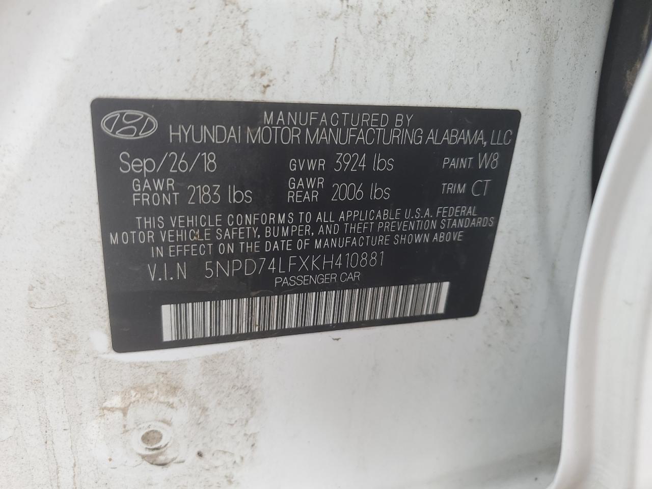 2019 Hyundai Elantra Se VIN: 5NPD74LFXKH410881 Lot: 68446345