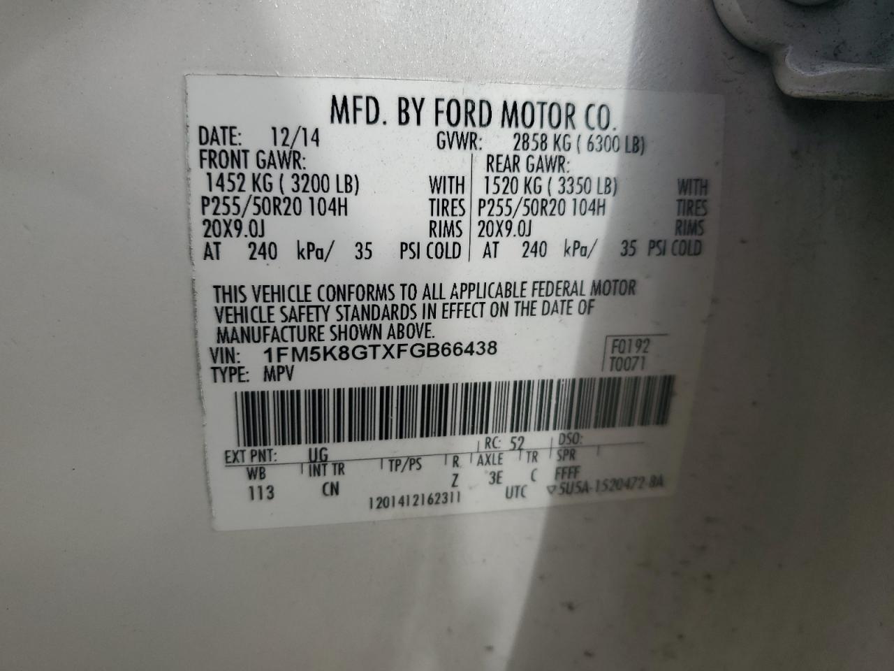 2015 Ford Explorer Sport VIN: 1FM5K8GTXFGB66438 Lot: 67658255