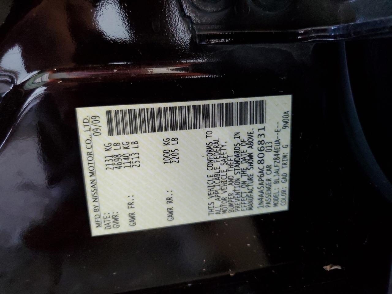 2010 Nissan Maxima S VIN: 1N4AA5AP6AC806831 Lot: 68918875